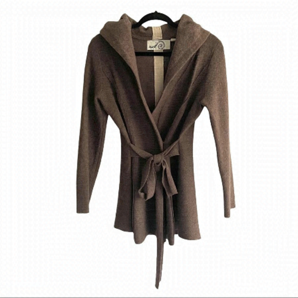 Anthropologie Rosie Neira Wool Tie Waist Belted Cardigan Hood Brown XS